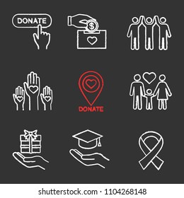 Charity chalk icons set. Donate button, fundraising, charity organization location, family, gift, free education, unity in diversity, anti HIV ribbon. Isolated vector chalkboard illustrations