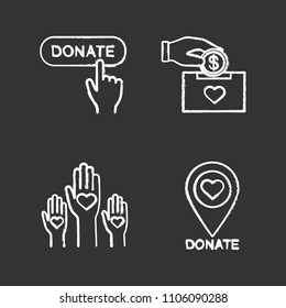 Charity chalk icons set. Donation box, unity in diversity, charity organiazation location, donate click button. Isolated vector chalkboard illustrations