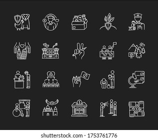 Charity chalk white icons set on black background. Food donation. Volunteering for work. Support for poor people. Environment preservation. Social activism. Isolated vector chalkboard illustrations