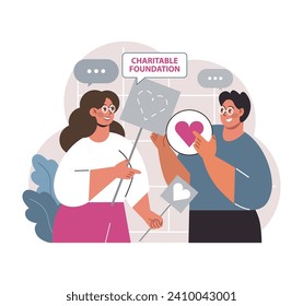 Charity and charitable foundation. Help for people in need. Humanitarian aid, donations, volunteers or Non-governmental, nonprofit organizations support. Flat vector illustration