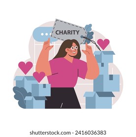 Charity and charitable foundation. Help for people in need. Woman with humanitarian aid or donations boxes. Volunteers or non-governmental, nonprofit organizations support. Flat vector illustration