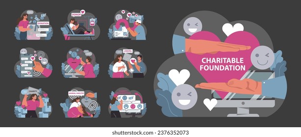 Charity and charitable foundation night mode or dark mode set. Help for people in need. Humanitarian aid, donations, volunteers or nonprofit organizations support. Flat vector illustration