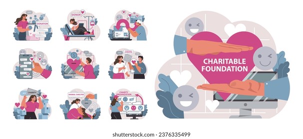 Charity and charitable foundation set. Help for people in need. Humanitarian aid, donations, volunteers or Non-governmental, nonprofit organizations support. Flat vector illustration