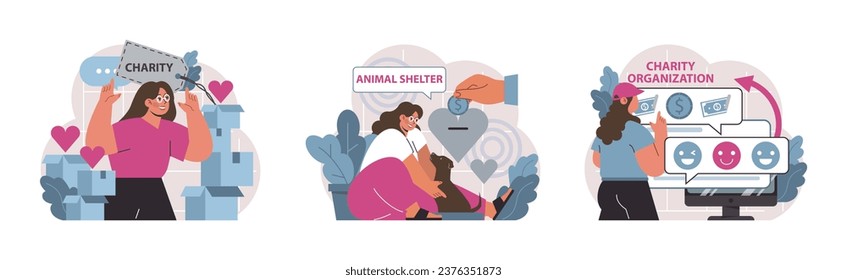Charity and charitable foundation set. Help for people in need. Humanitarian aid, donations, volunteers or Non-governmental, nonprofit organizations support. Flat vector illustration