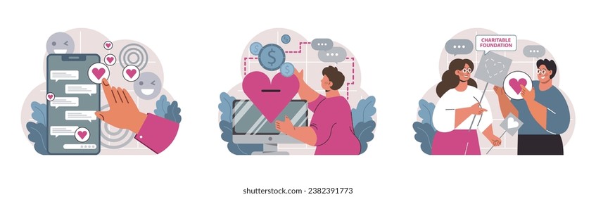 Charity and charitable foundation set. Help for people in need. Humanitarian aid, donations, volunteers or Non-governmental, nonprofit organizations support. Flat vector illustration