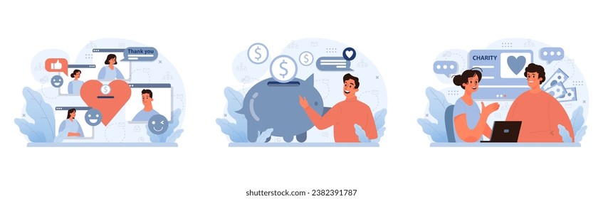 Charity and charitable foundation set. Help for people in need. Humanitarian aid, donations, volunteers or Non-governmental, nonprofit organizations support. Flat vector illustration