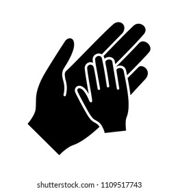 Charity For Children Glyph Icon. Silhouette Symbol. Parent And Child Hands Together. Child Protection. Parenthood. Family. Negative Space. Vector Isolated Illustration