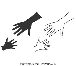 Charity for children glyph line icon set. Silhouette symbol. Parent and child hands together. Child protection. Parenthood