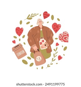 Charity circular emblem isolated on white background. Volunteer with donation box and heart shapes decoration round label composition. Charitable collection. Vector hand drawn flat illustration.