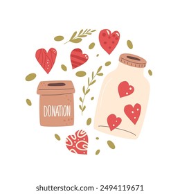 Charity circular emblem isolated on white background. Donation box and heart shapes decoration round label composition. Vector hand drawn illustration.