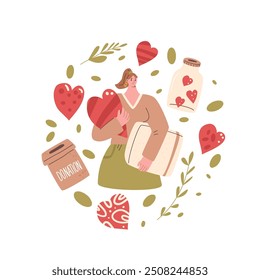 Charity circular emblem isolated on white background. Volunteer with donation box and heart shapes decoration round label composition. Vector hand drawn flat illustration.