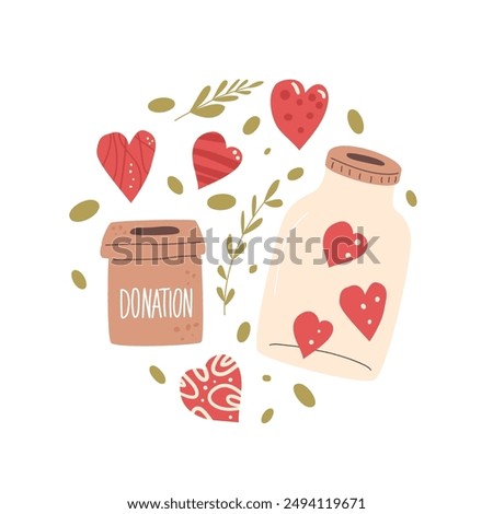 Charity circular emblem isolated on white background. Donation box and heart shapes decoration round label composition. Vector hand drawn illustration.