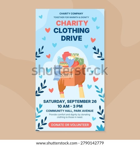 Charity cloth donation box with flat blue and beige background. People hand lift clothes as gift for needy and community. Volunteer poster for social media local charity event, warm heart support