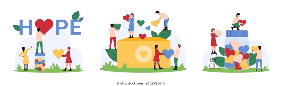 Conjunto de caridad, colección de donaciones por organizaciones benéficas y voluntarios. La gente minúscula pone el corazón rojo en la palabra Esperanza, recolecta los regalos de los corazones a la caja de la donación y a la Ilustración vectorial de dibujos animados del tarro de cristal