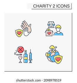 Charity Color Icons Set. Drug And Alcohol Abuse, Environment, Child Protection And Advocacy Charities. Volunteering Concept. Isolated Vector Illustrations