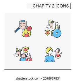 Charity color icons set. Fire prevention,senior citizen, disabled and abortion charities. Volunteering concept. Isolated vector illustrations