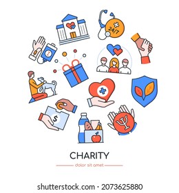 Charity - colorful vector flat design style banner with copy space for text. Helping people and animals in need, everyone who is in a difficult situation and is hungry, sick or left without a home.