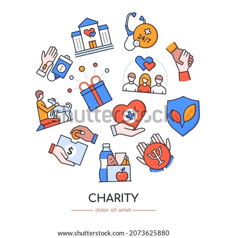 Charity - colorful vector flat design style banner with copy space for text. Helping people and animals in need, everyone who is in a difficult situation and is hungry, sick or left without a home.