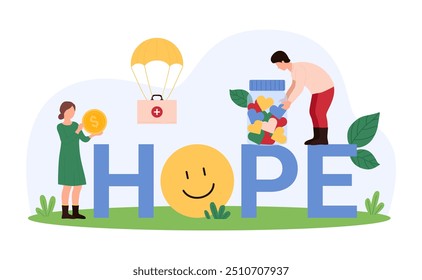 Charity, community assistance and support, human solidarity poster design. Tiny people share money and hearts to donation jar at Hope word, parachute giving first aid cartoon vector illustration