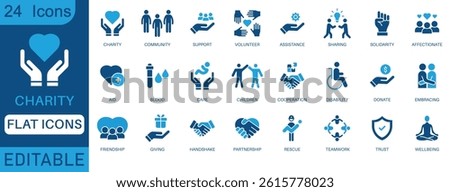 Charity and community icon set editable flat vector icons for donation, support, volunteering, healthcare, teamwork, wellbeing, and social care. Ideal for NGOs and humanitarian projects.