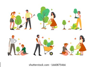 La comunidad de caridad plantó un conjunto de árboles. Idea de cuidado y humanidad, naturaleza y concepto de ecología. Los voluntarios ayudan a la gente a crear ideas.Ilustración vectorial en estilo de caricatura