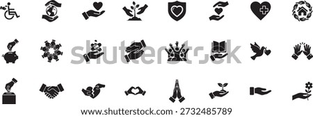 Charity and community support icons set for humanitarian aid volunteering and social care concepts