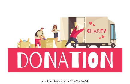 Charity composition with doodle human characters carton boxes filled with goods and cargo truck with text vector illustration