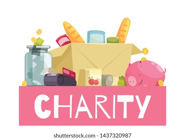 Charity composition with images of donated items food products still bank and money boxes with text vector illustration