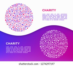Charity concept in circle with thin line icons: donation, save world, reunion, humanitarian aid, medical support, charity to disabled people, life saving. Vector illustration, print media template. 