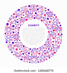 Charity concept in circle with thin line icons: donation, save world, reunion, humanitarian aid, medical support, charity to disabled people, life saving. Vector illustration, print media template. 