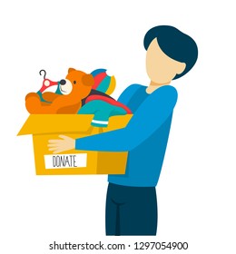 Charity concept. Donate to help poor people. Make donation and share love. Idea of humanitarian. Man hold box with clothes and toys. Vector flat illustration