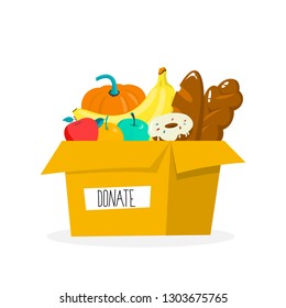 Charity concept. Donate to help poor people. Make donation and share love. Idea of humanitarian. Box with food. Vector flat illustration