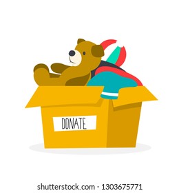 Charity concept. Donate to help poor people. Make donation and share love. Idea of humanitarian. Box with clothes and toys. Vector flat illustration