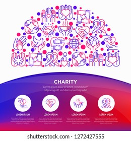 Charity concept in half circle with thin line icons: donation, save world, reunion, humanitarian aid, ribbon, medical support, charity to disabled people. Vector illustration, web page template. 