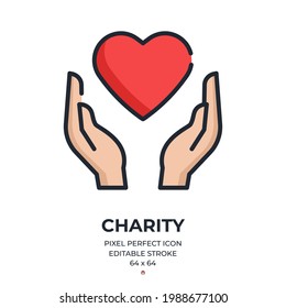 Charity concept. Hands with a heart symbol editable stroke outline icon isolated on white background flat vector illustration. Pixel perfect. 64 x 64.