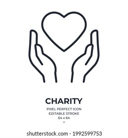 Charity concept. Hands holding a heart editable stroke outline icon isolated on white background flat vector illustration. Pixel perfect. 64 x 64.