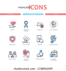 Charity Concept - Line Design Style Icons Set. Donation, Fundraising And Volunteering Themes. Awareness Ribbon, Help Children, Safe Planet, Plant A Tree, Dove Of Peace, Happy Family, Financial Help