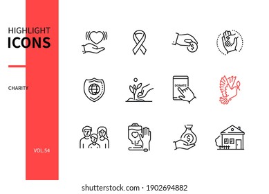 Charity Concept - Line Design Style Icons Set. Donation, Fundraising And Volunteering Themes. Awareness Ribbon, Help Children, Safe Planet, Plant A Tree, Dove Of Peace, Happy Family, Financial Help