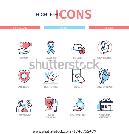 Charity concept - line design style icons set. Donation, fundraising and volunteering themes. Awareness ribbon, help children, safe planet, plant a tree, dove of peace, happy family, financial help
