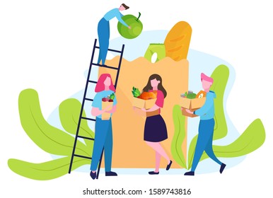 Charity concept. People donate food to help poor people. Make donation and share love. Idea of humanitarian. Vector flat illustration