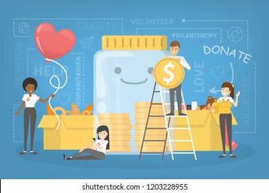 Charity concept. People donate money to help poor people. Make donation and share love. Idea of humanitarian. Vector flat illustration