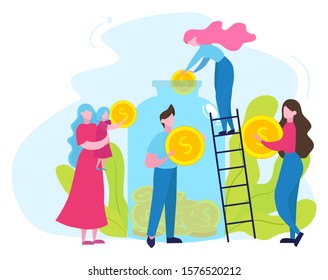 Charity concept. People donate money to help poor people. Make donation and share love. Idea of humanitarian. Vector flat illustration