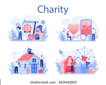 Charity concept set. People or volunteer donate stuff to help people. Idea of humanitarian support and philanthropy. Isolated vector illustration in cartoon style