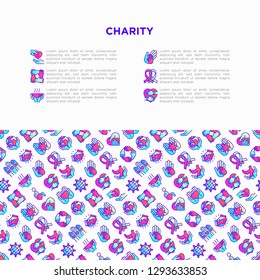 Charity concept with thin line icons: donation, save world, reunion, humanitarian aid, ribbon, medical support, charity to disabled people, life saving. Vector illustration, print media template. 