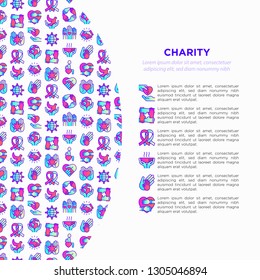 Charity concept with thin line icons: donation, save world, reunion, humanitarian aid, ribbon, medical support, charity to disabled people, life saving. Vector illustration, print media template. 