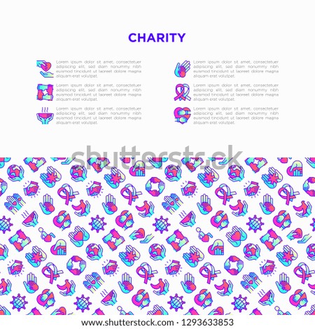 Charity concept with thin line icons: donation, save world, reunion, humanitarian aid, ribbon, medical support, charity to disabled people, life saving. Vector illustration, print media template. 