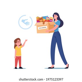 Charity Concept, Woman Giving Carton Donation Box with Toys to Orphan Kid, Social Help to Children, Female Volunteer Character Caring Altruistic Aid to Poor Kids. Cartoon People Vector Illustration