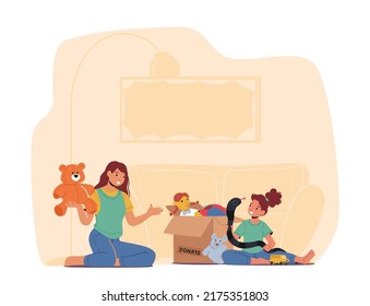 Charity Concept, Woman and Little Girl Take Toys from Carton Donation Box. Social Help to Orphan Kids, Volunteer Character Caring Altruistic Aid to Poor Children. Cartoon People Vector Illustration