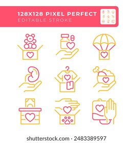 Charity contributions two color line icons set. Icons with hearts bicolor outline iconset isolated. Medical donation. Humanitarian aid. Help animal. Duotone pictograms thin linear. Editable stroke