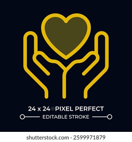 Charity dark color ui icon. Hands holding heart. Expressing love and care. Kindness feeling visualization. Vector colorful symbol isolated on black. User interface element, pixel perfect